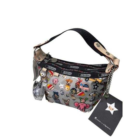 Tokidoki LeSportsac Bambino Bag Retired Print Gray Characters Qee Charm HTF NWT - Picture 1 of 15
